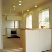 Küche aus Multiplex Weiß beschichtet und Massivholz Arbeitsplatte